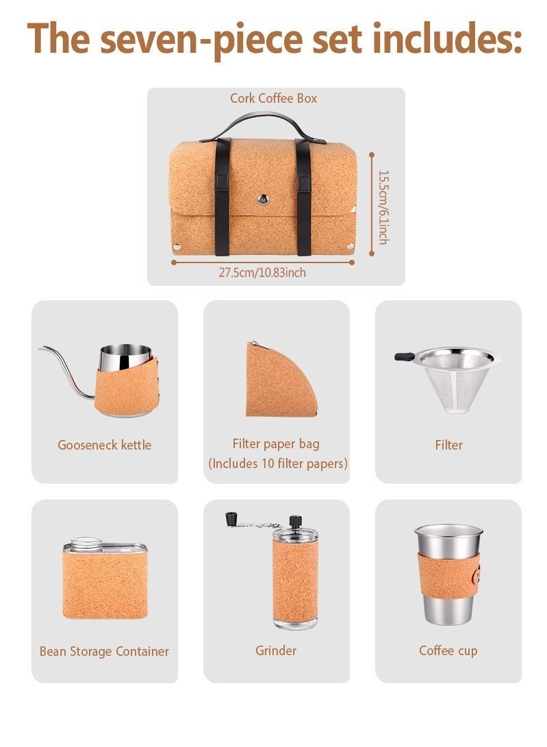 مجموعة أدوات تحضير القهوة V60 للسفر والتخييم (7 قطع)، مع حقيبة محمولة من الفلين وعلبة تخزين حبوب القهوة. - Image 3